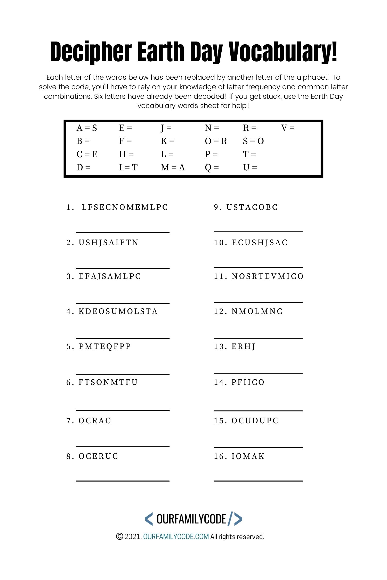 A picture of an Earth Day cryptogram word puzzle.