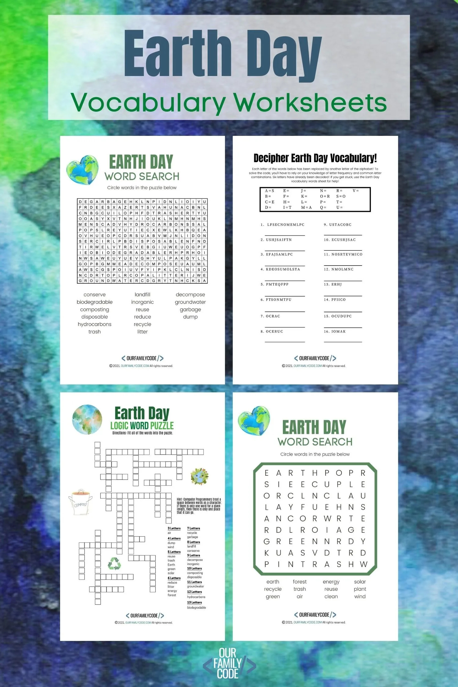 A picture of four Earth Day vocabulary worksheet images on a blue and green watercolor background.