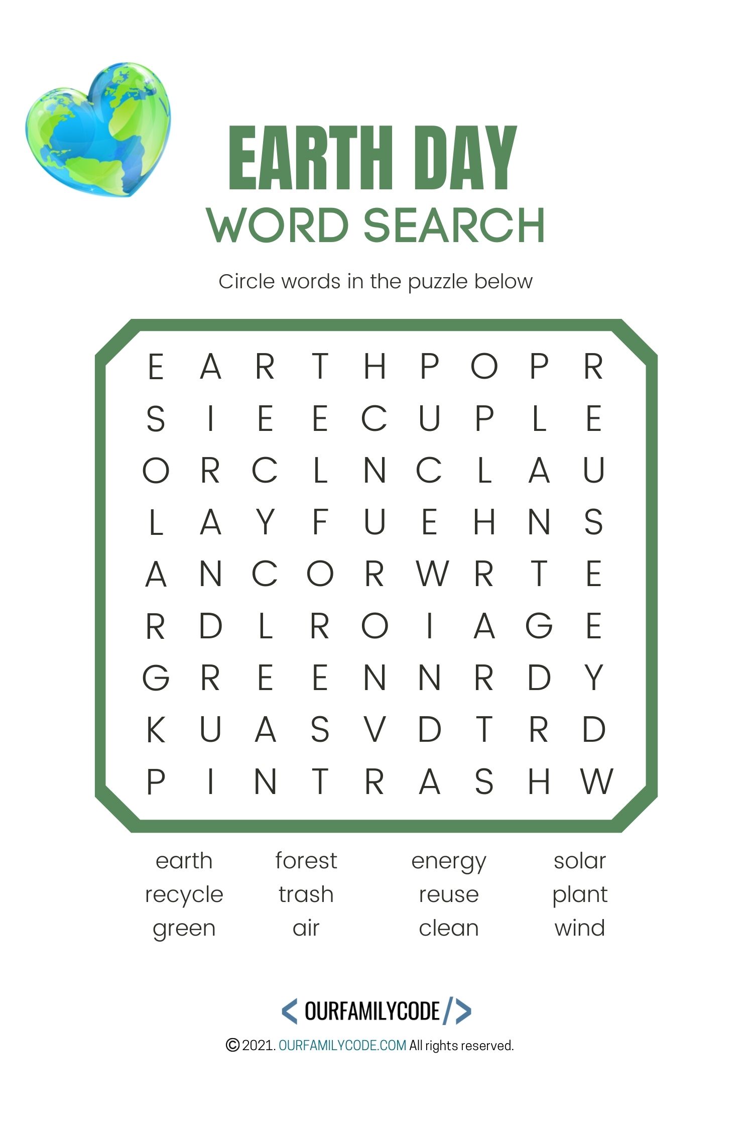 A picture of an Earth Day easy word search puzzle.