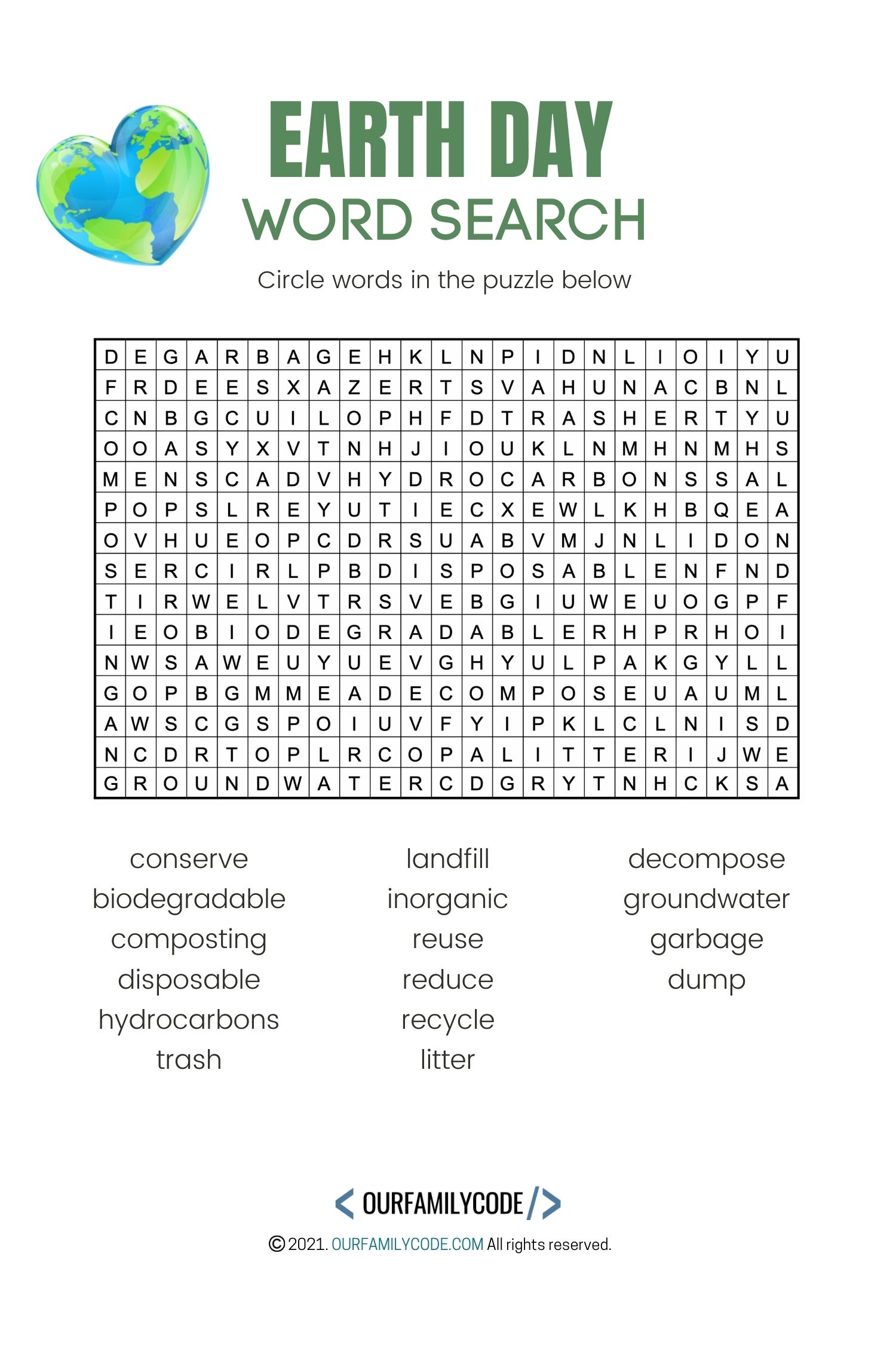 A picture of an Earth Day word search puzzle.