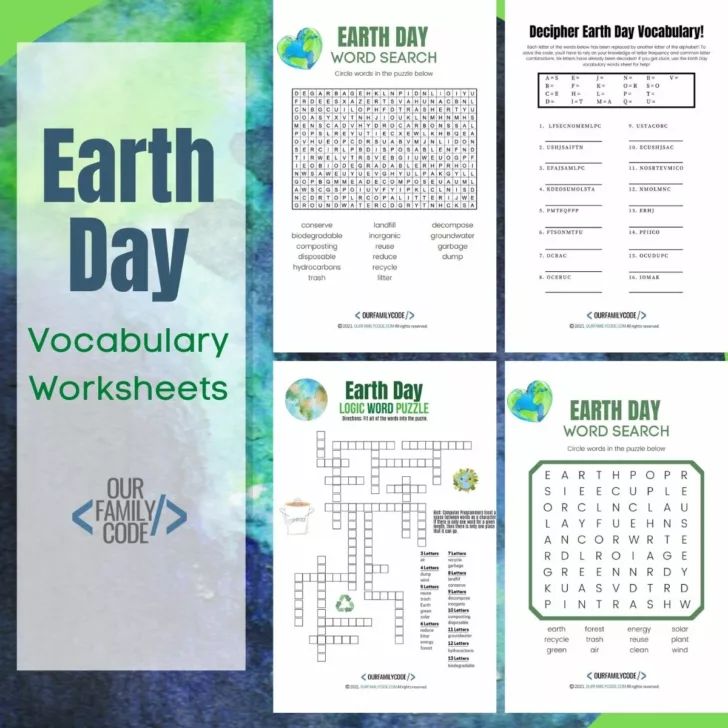 A picture of four Earth Day worksheets on a blue green background with text that reads 
