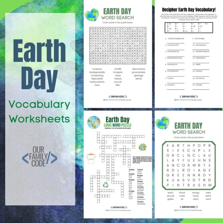 A picture of four Earth Day worksheets on a blue green background with text that reads "Earth Day vocabulary worksheets".