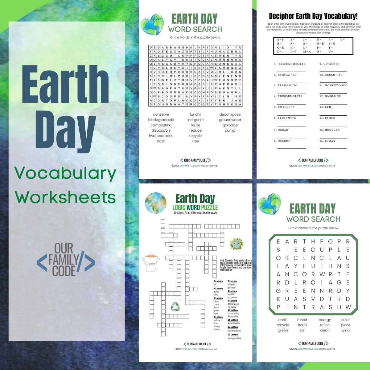 Free Earth Day Vocabulary Worksheets fi earth day vocabulary worksheets 1 A picture of four Earth Day worksheets on a blue green background with text that reads "Earth Day vocabulary worksheets".