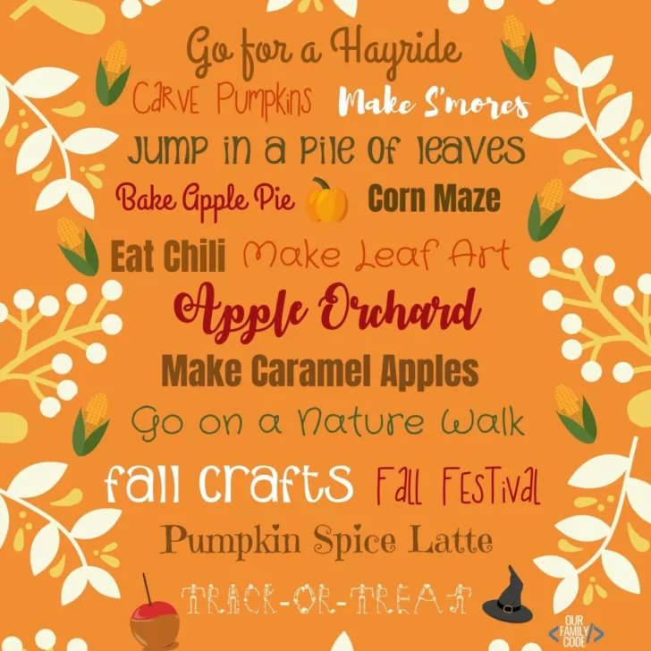 Fabulous Free Fall Family Bucket List from OurFamilyCode.com! Grab your free printable bucket list and have an awesome fall filled with fun activities like carving pumpkins, fall crafts, hayrides, nature walks, and more!! #fallbucketlist #freebucketlist #fallfamilybucketlist #fallfamilyactivities #autumnactivities #halloween #octoberactivities