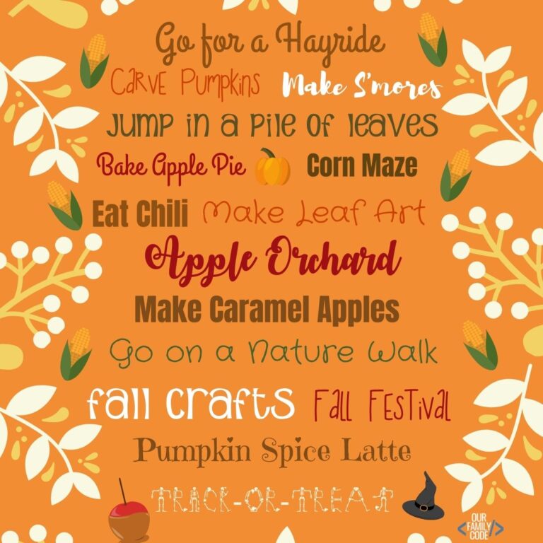 Fabulous Free Fall Family Bucket List from OurFamilyCode.com! Grab your free printable bucket list and have an awesome fall filled with fun activities like carving pumpkins, fall crafts, hayrides, nature walks, and more!! #fallbucketlist #freebucketlist #fallfamilybucketlist #fallfamilyactivities #autumnactivities #halloween #octoberactivities