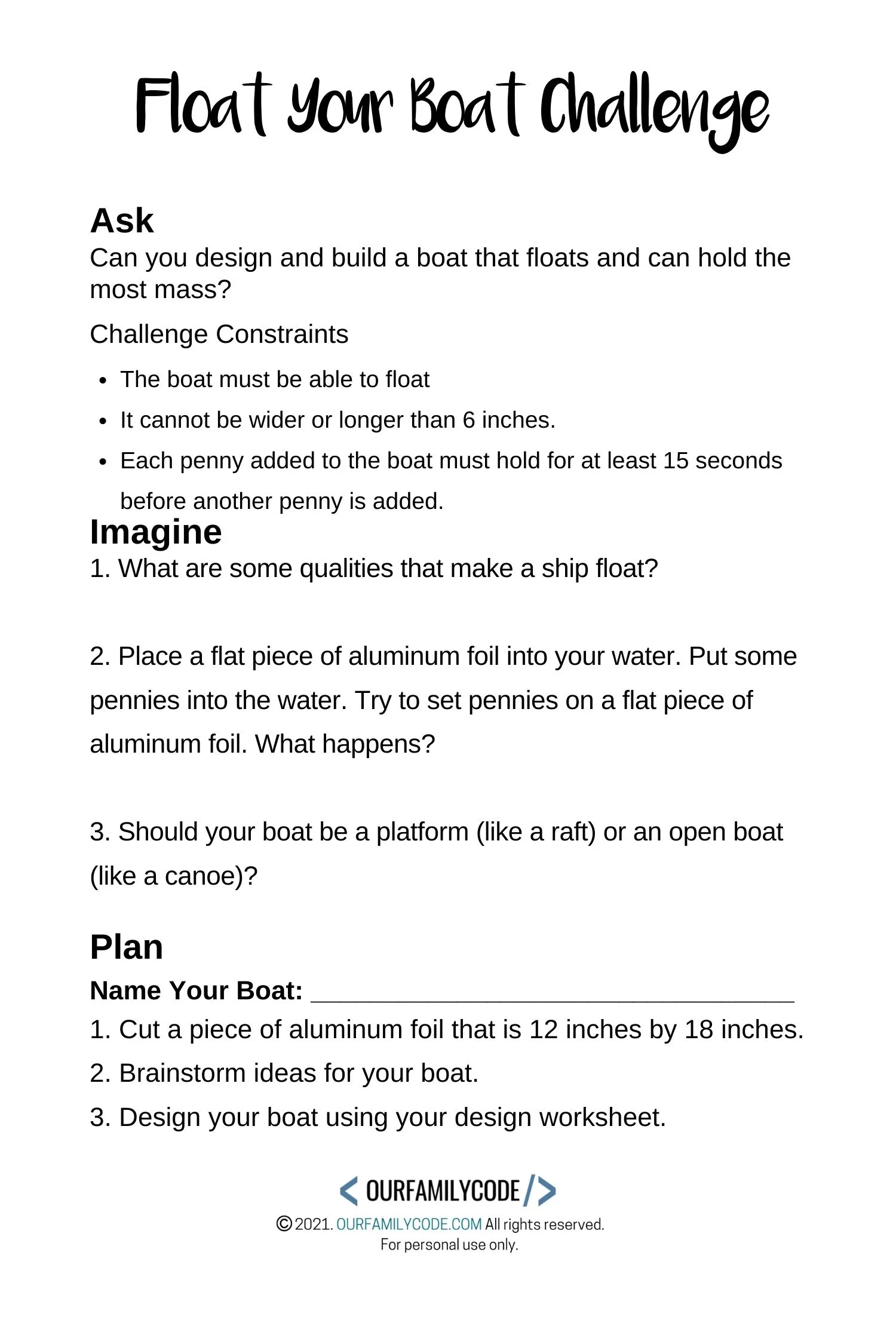 Learn about gravity and buoyancy with this 'build a boat that floats' STEAM challenge with free challenge worksheets for kids ages 5-12! #STEAM #STEM #engineeringforkids #STEAMactivities