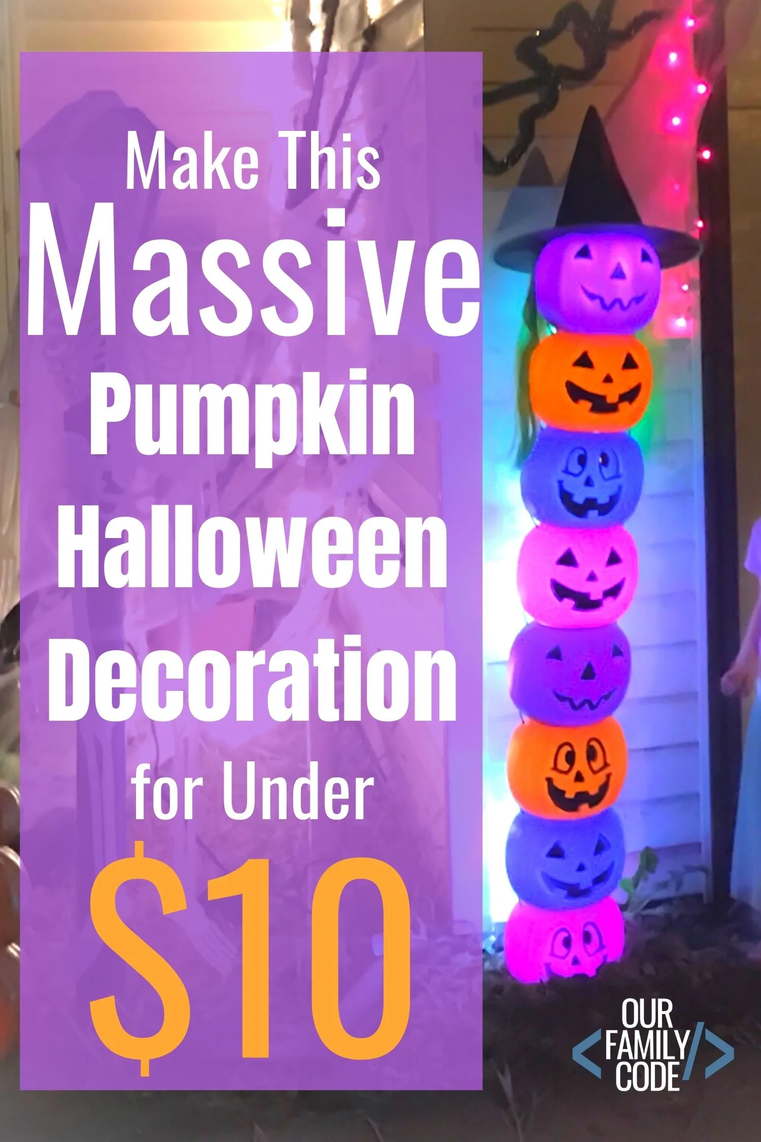 Make this Massive Pumpkin Tower Halloween Decoration for Under $10! #Halloweendecoration #easyHalloweendecoration #DIYHalloween #pumpkinproject #cheapdecorationsforHalloween