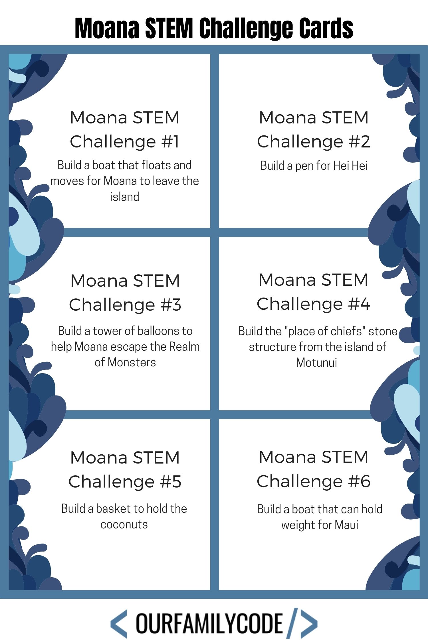 A picture of six Moana STEM challenge cards.