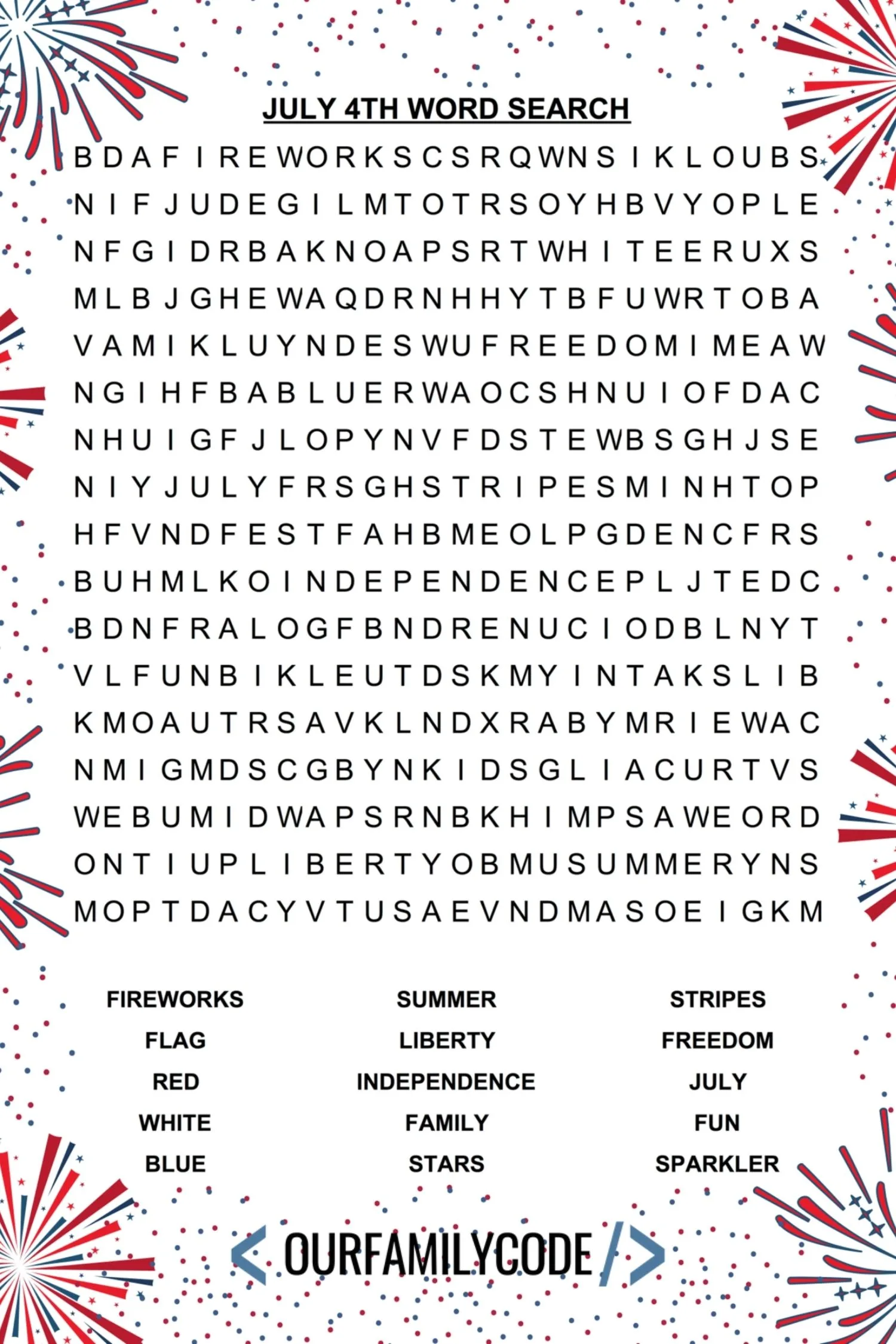 A picture of a july 4th word search with fireworks background.