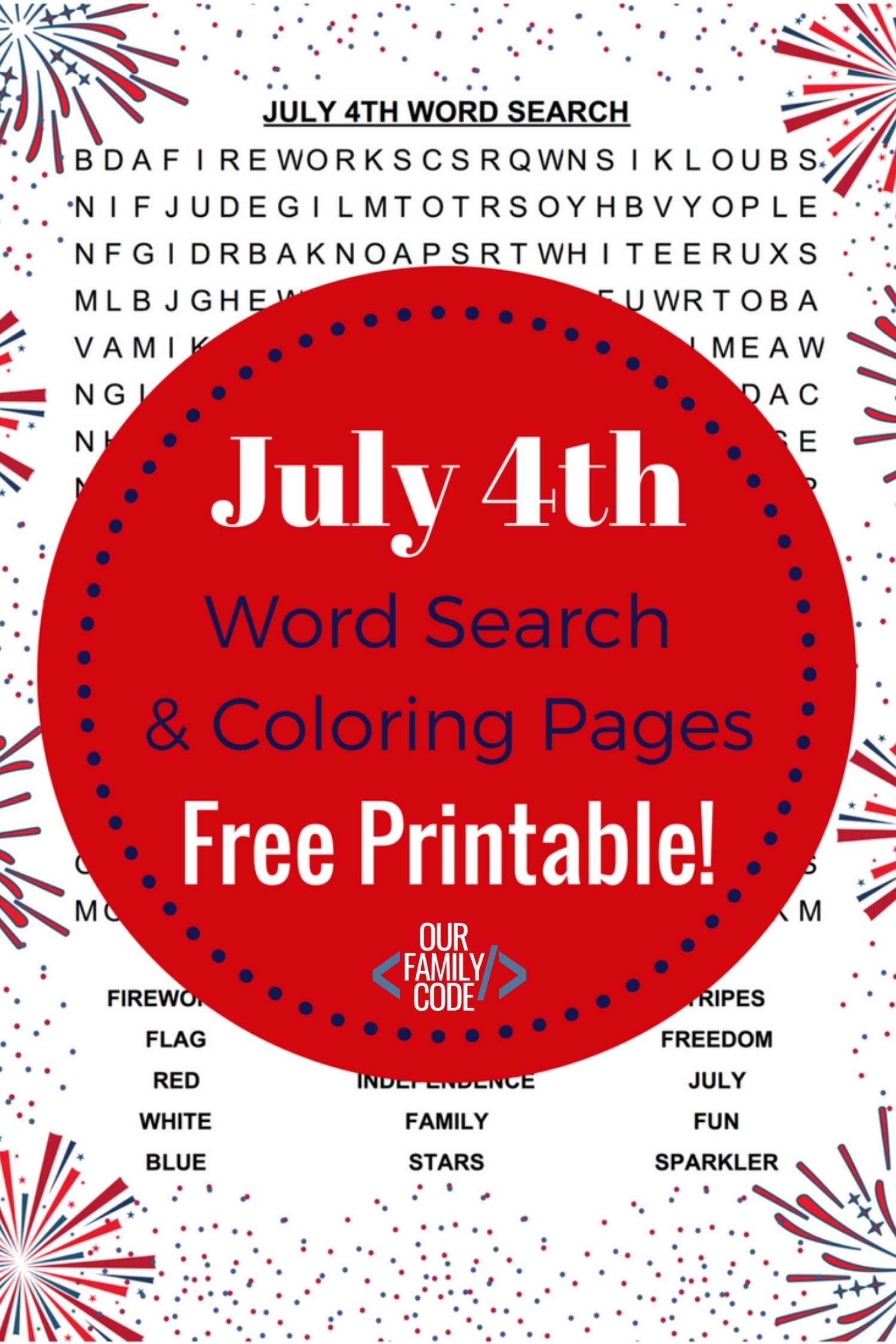 A picture of a July 4th word search with red circle with text that reads "July 4th word search and coloring pages free printable".