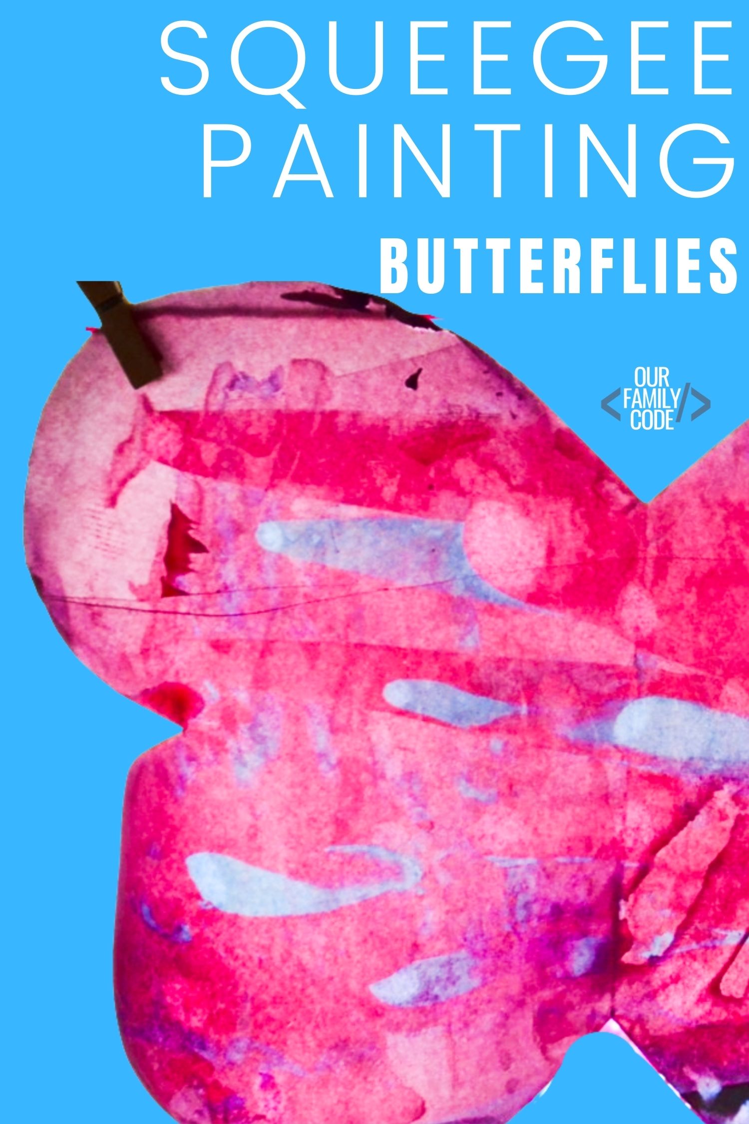 A picture of a pink squeegee art butterfly on a blue background.