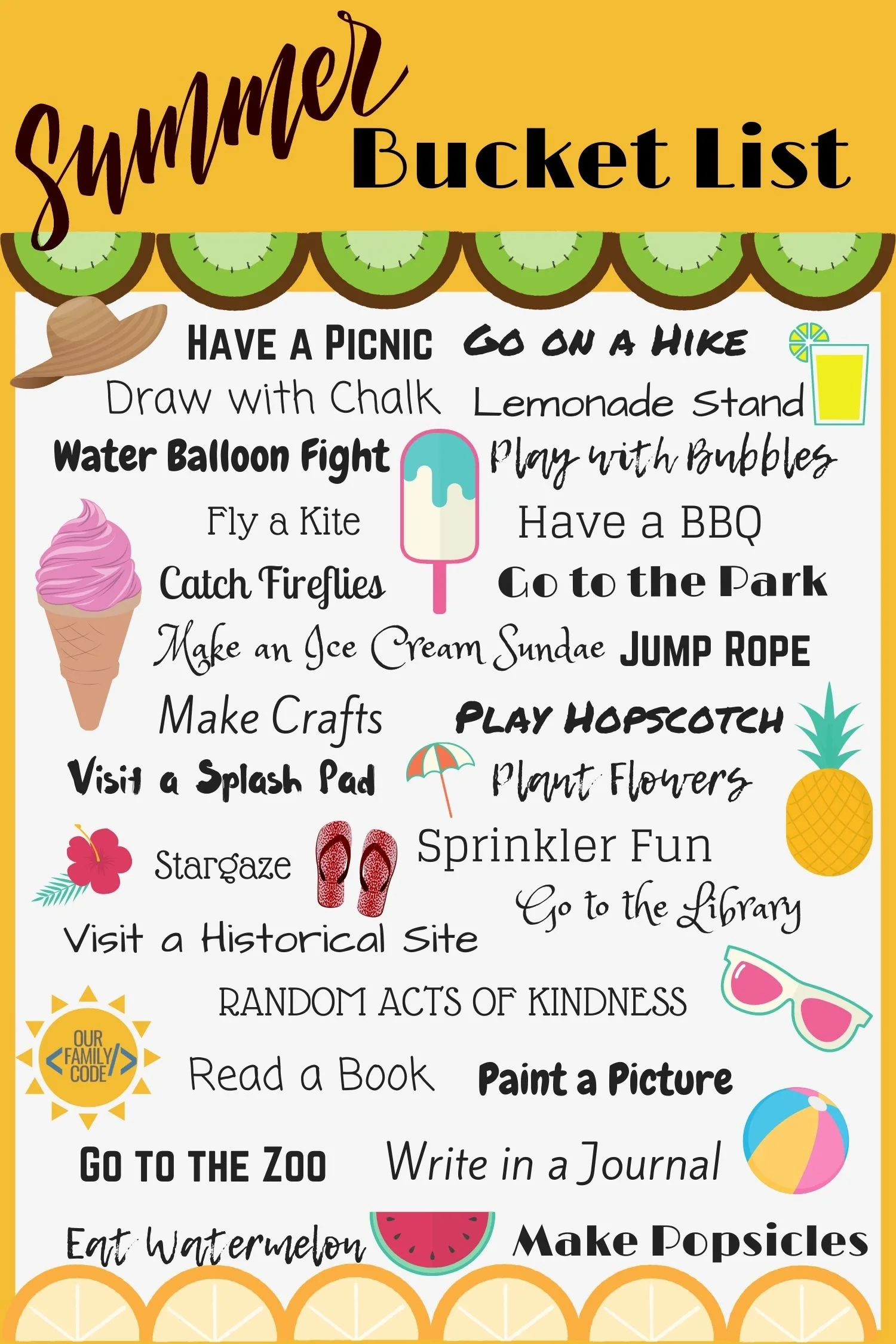 A picture of a summer bucket list for families.