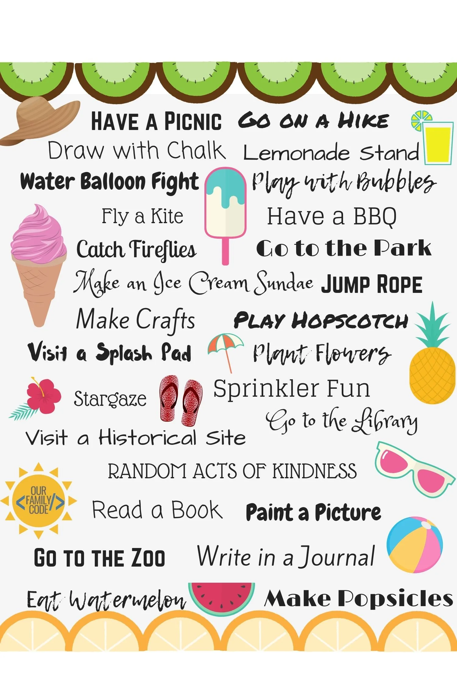 Get your free fun-filled Summer Bucket List at OurFamilyCode.com! #summervacation #bucketlist #kidsactivities #summerfun