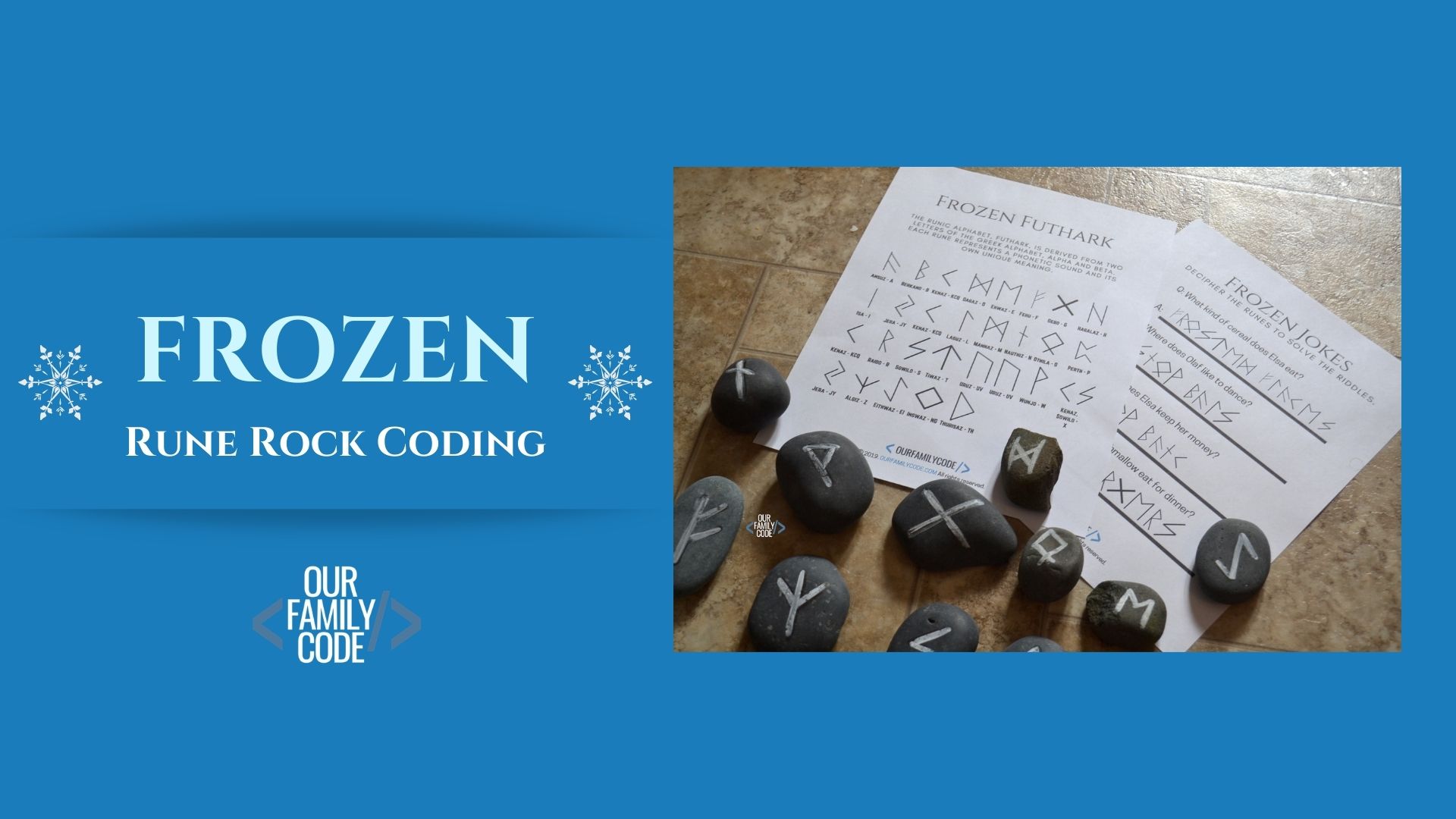 A picture of a Frozen Rune Rock coding activity on blue background.