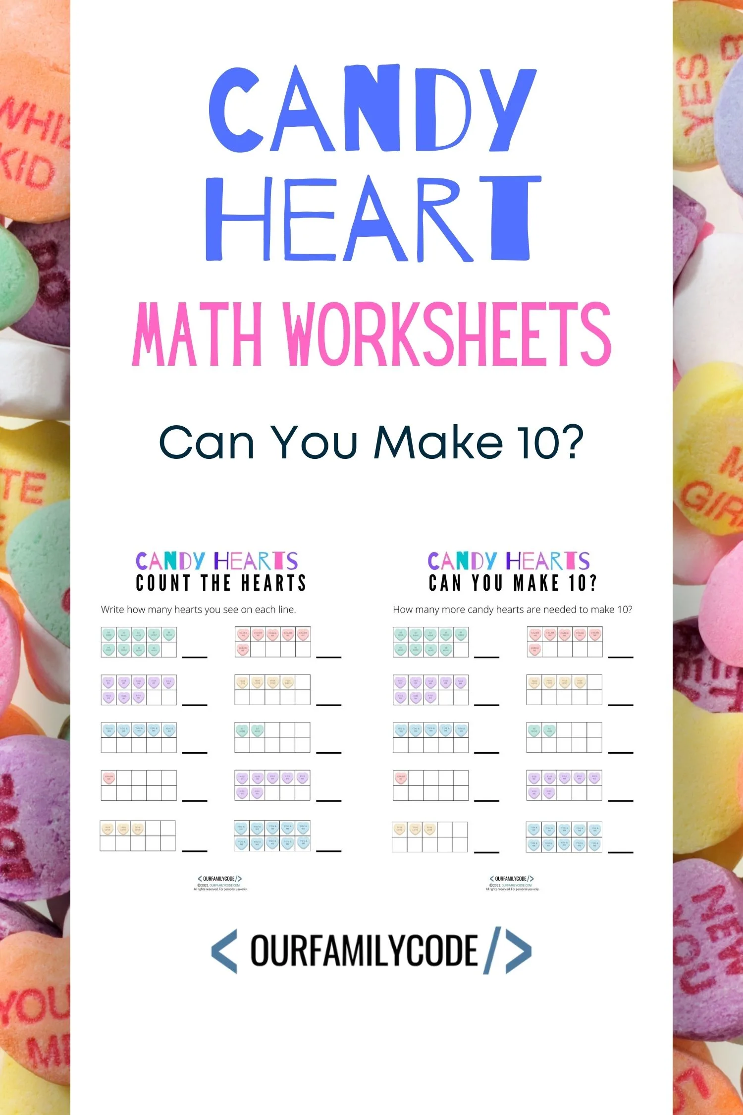 A picture of candy heart math worksheets.