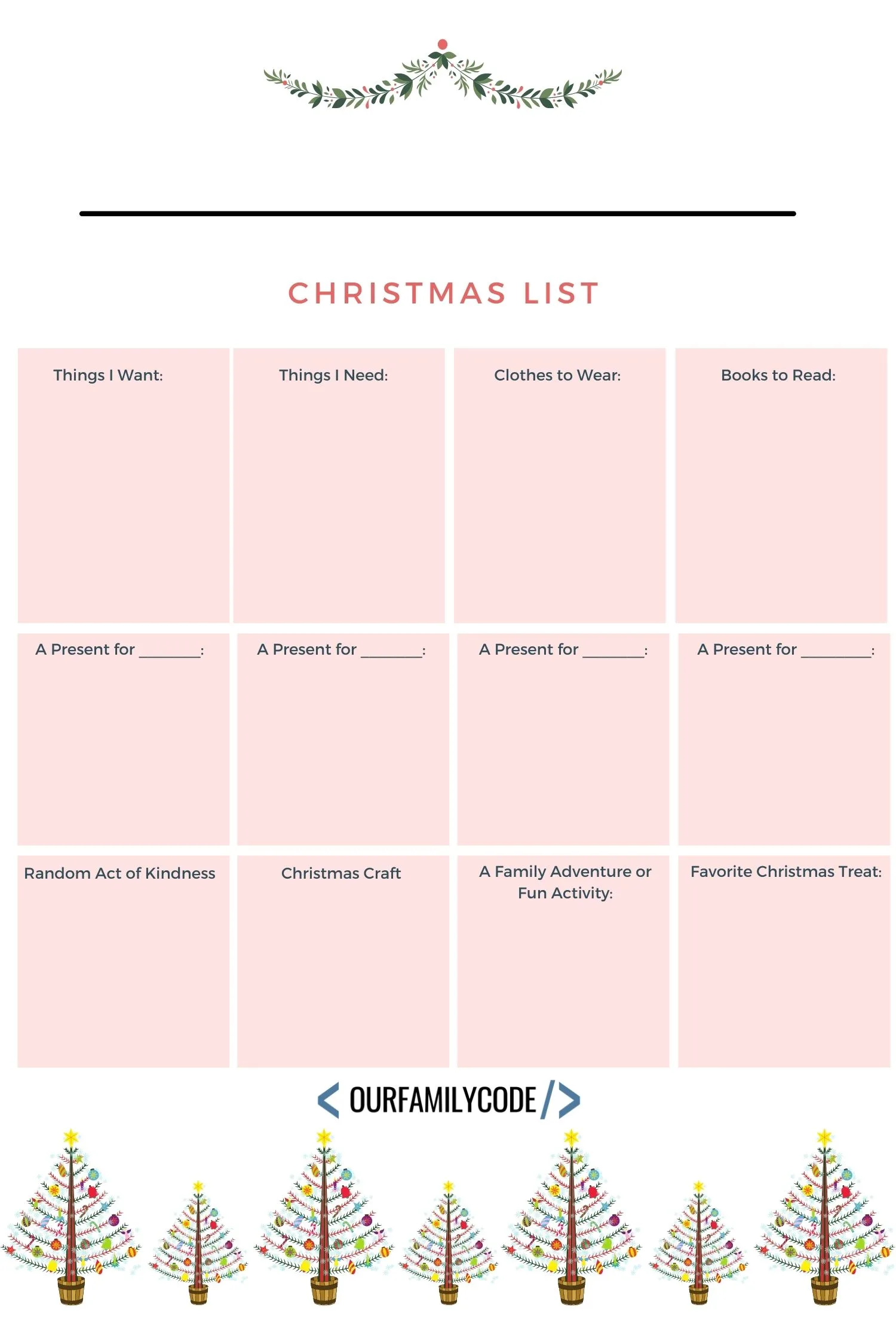 A picture of a printable Christmas wish list for kids with space to fill in gifts for others.