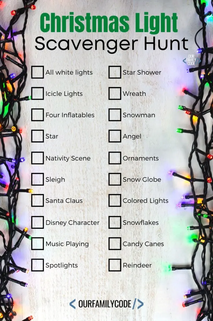 Copy of Christmas Light Scavenger Hunt family tradition This Christmas BINGO printable is a great way to get the whole family started with a new family Christmas Tradition! No reading required!