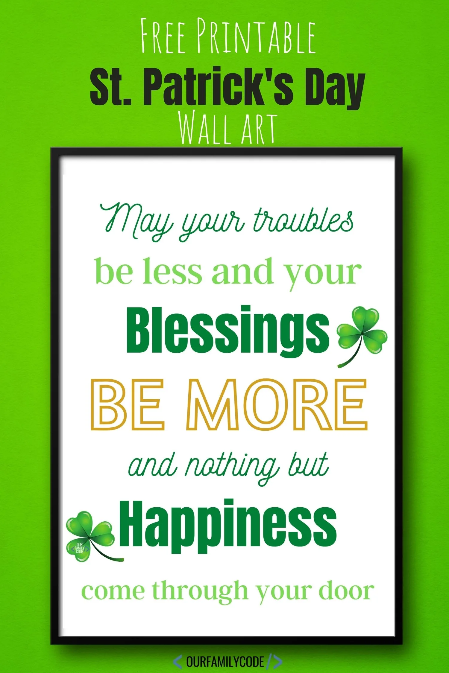 A picture of a printable St. Patrick's Day sign that says "May your troubles be less and your blessings be more and nothing but happiness come through your door".