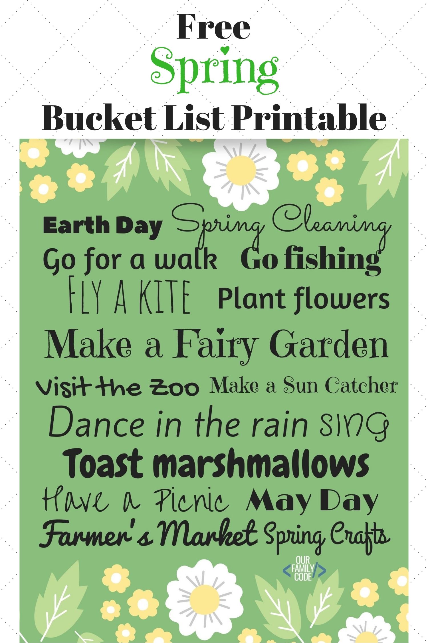 A picture of a Spring Bucket List Printable on white background.