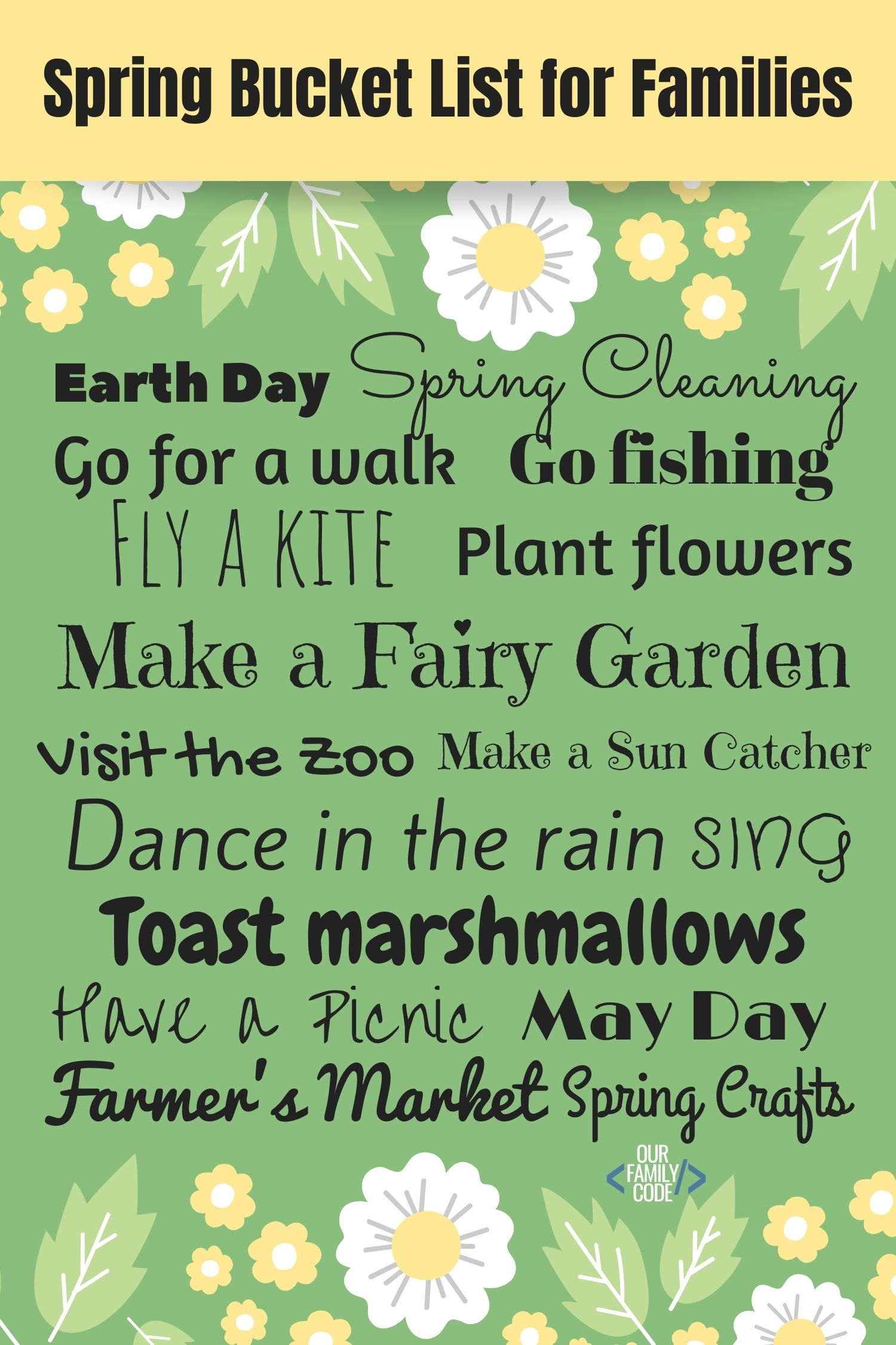 A picture of a Spring Bucket List for Families with a yellow header.