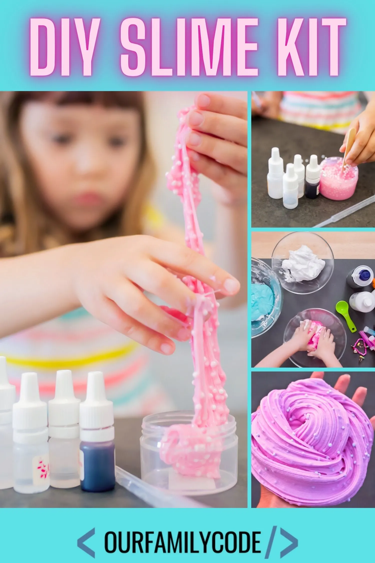 A picture of a kid making slime with the text "DIY slime kit" in pink font.
