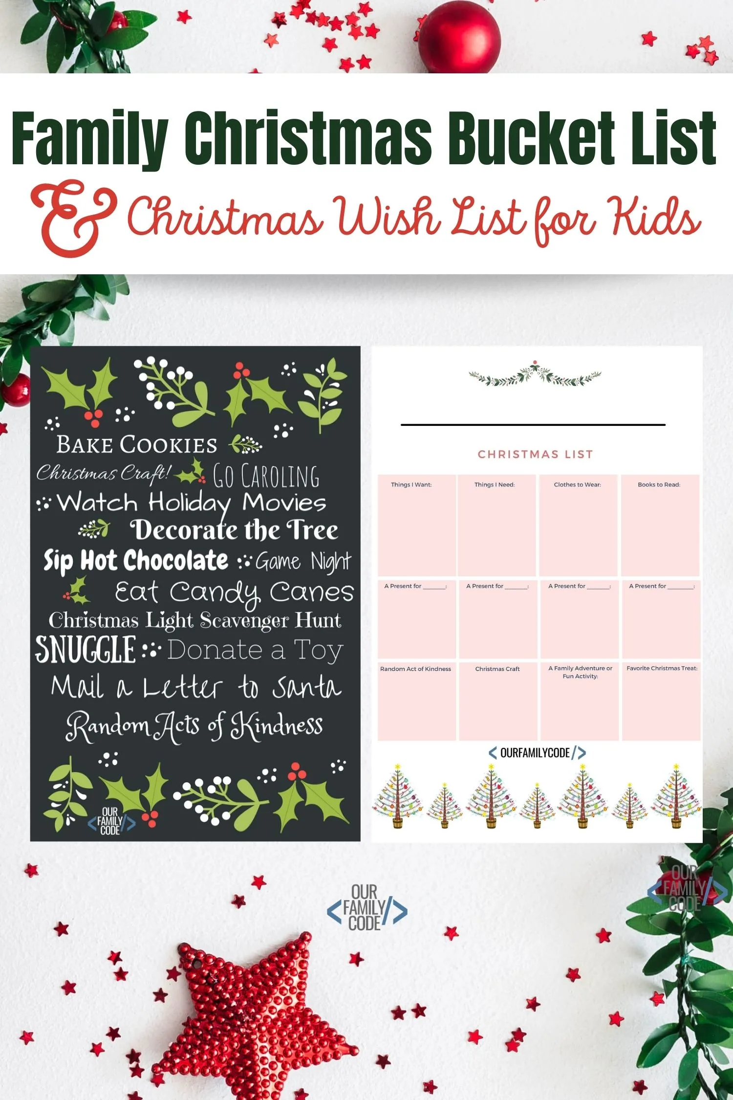 A picture of a family christmas bucket list and a christmas wish list for kids printable.