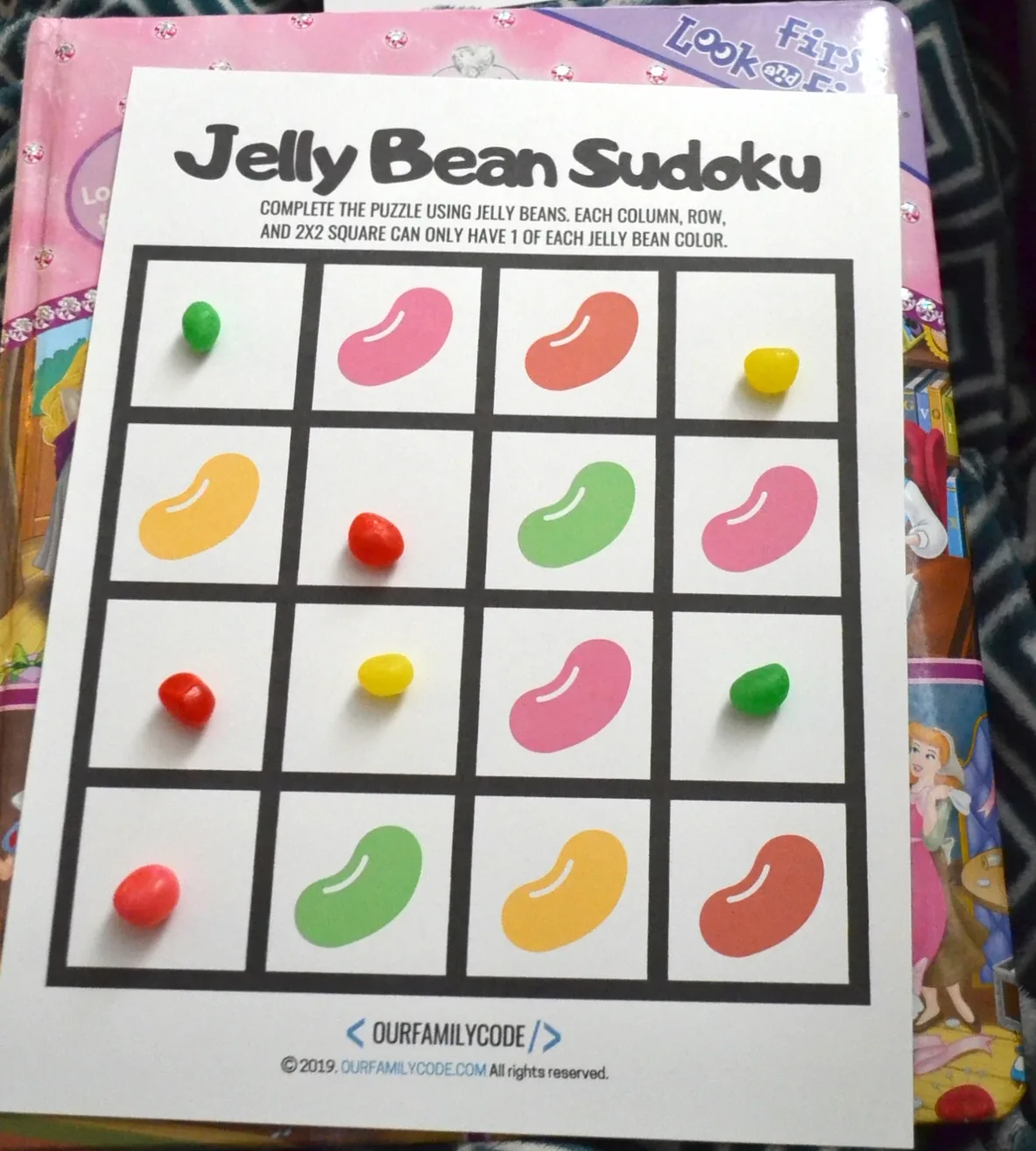 A picture of jelly beans on a jelly bean sudoku worksheet.