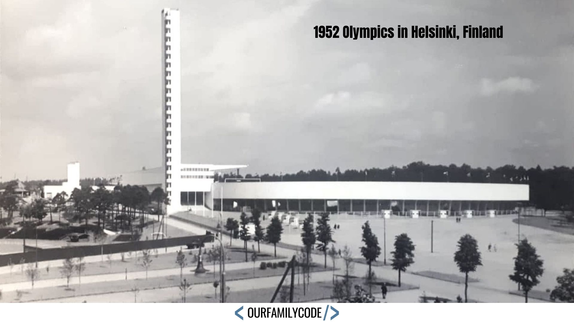A picture of the The Helsinki Olympic Stadium was built for the 1940 Games, but later used during the 1952 Olympics in Helsinki, Finland.
