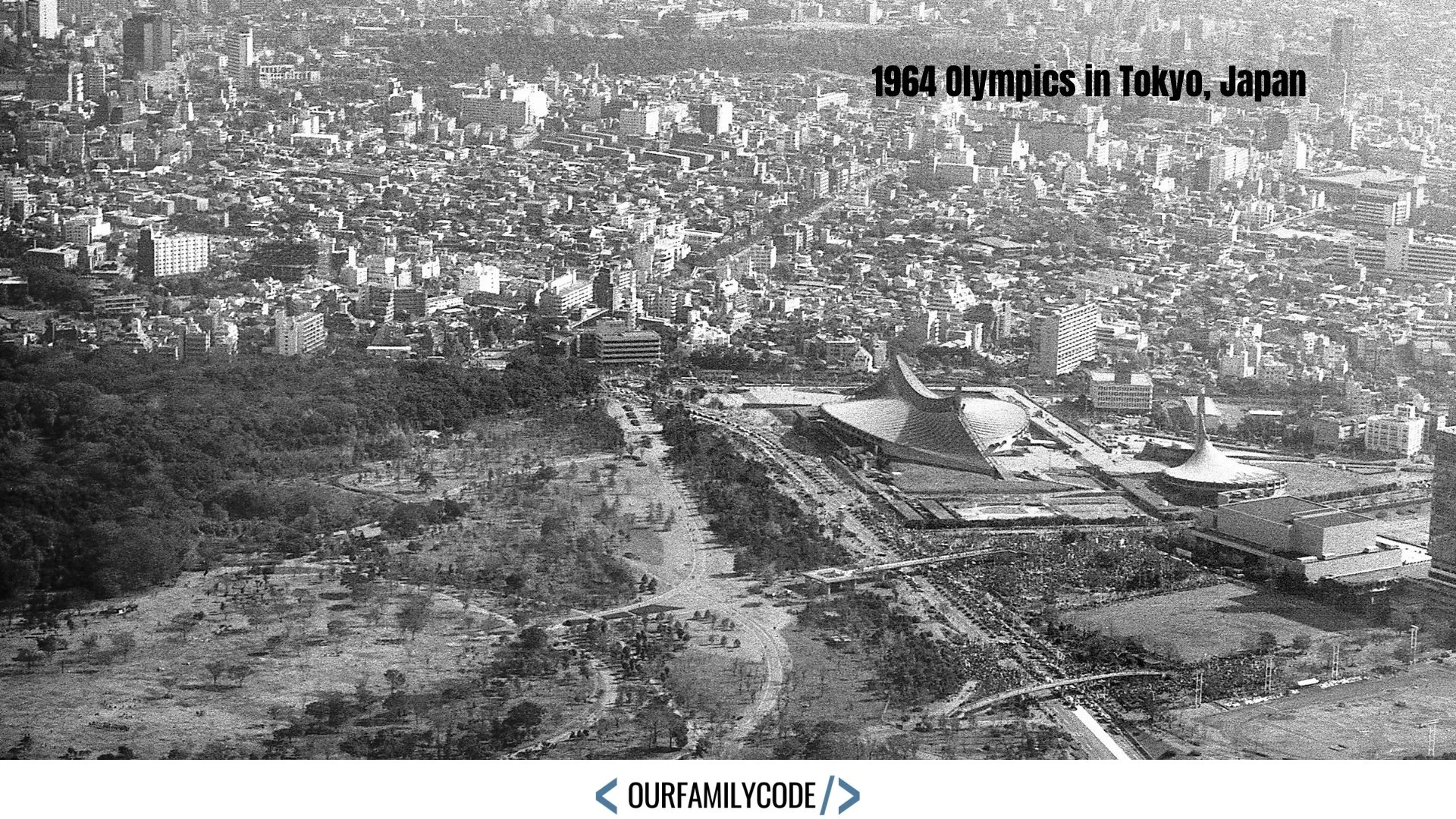 An aerial view of the Yoyogi National Gymnasium designed by Kenzo Tange for the 1964 Summer Olympics in Tokyo, Japan.