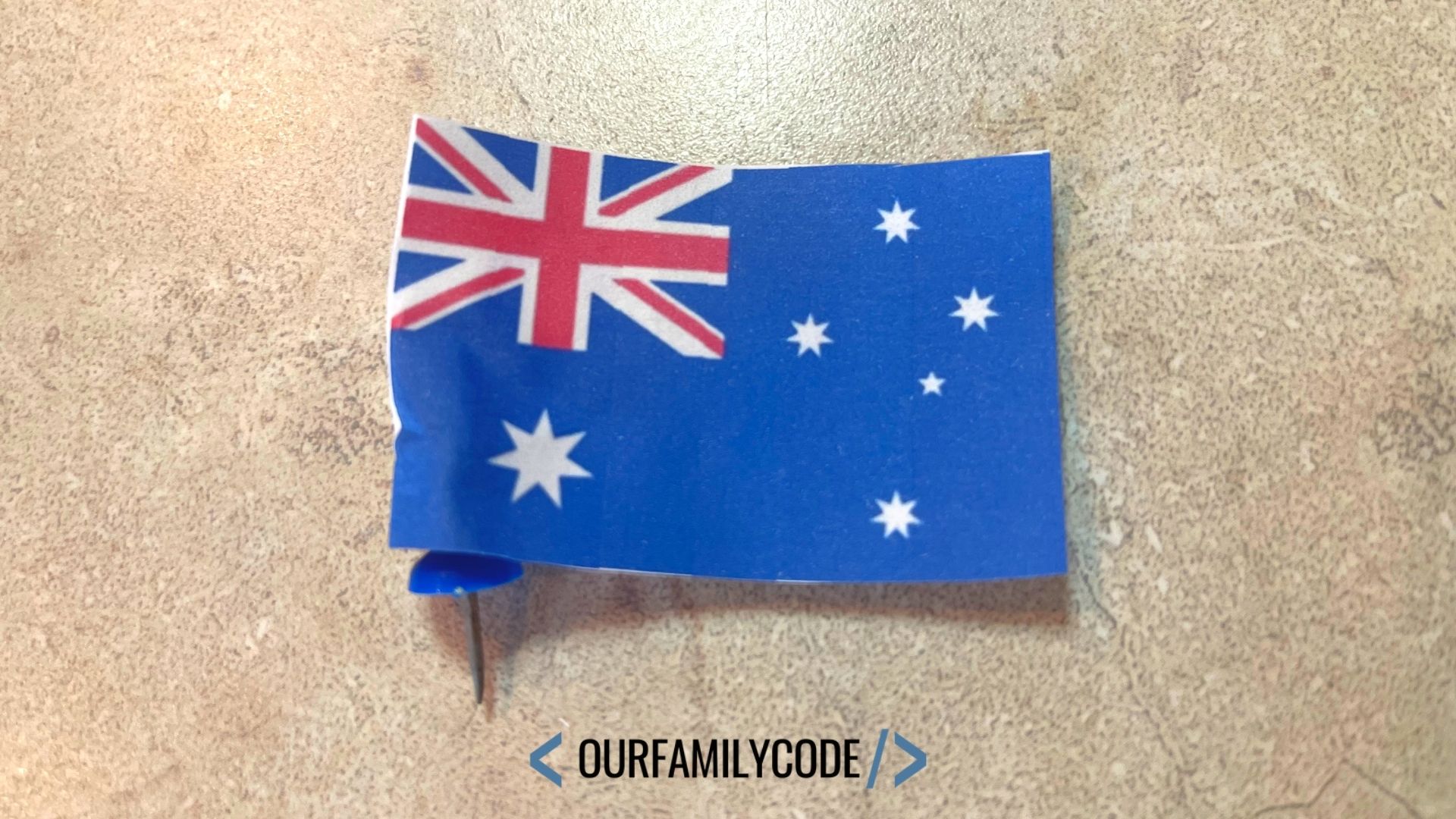 A picture of a printed Australian flag with a push pin for Olympic host city mapping activity.