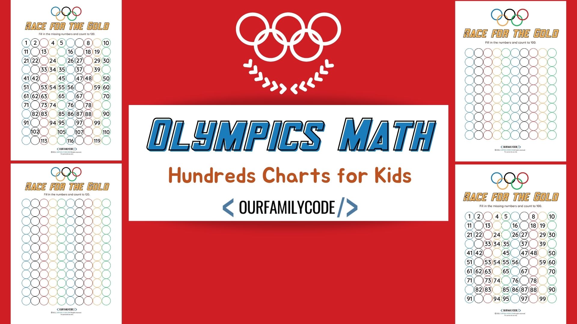 A picture of four Olympic hundreds chart worksheets on a red background.