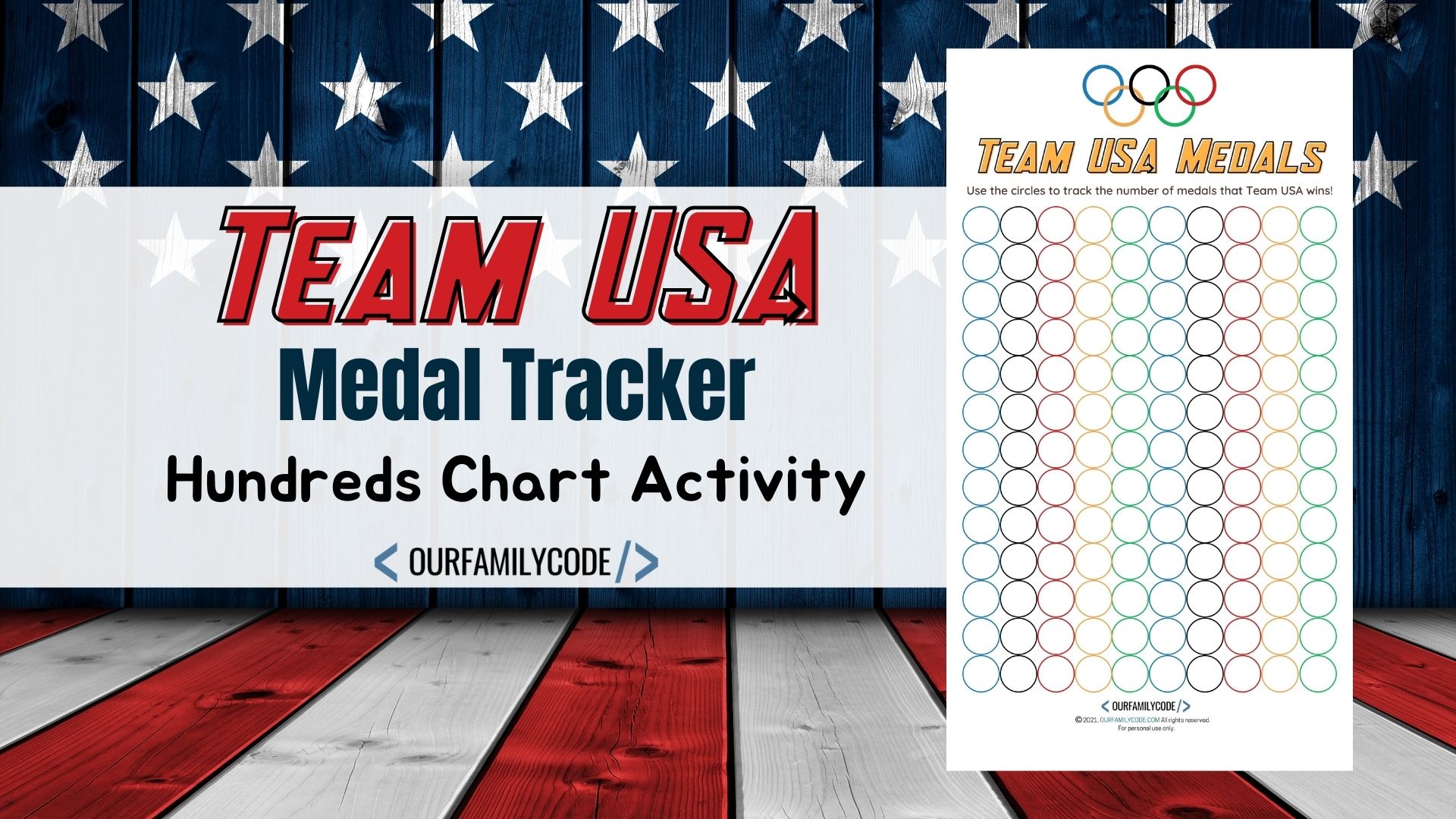 A picture of a Team USA medal tracker hundreds chart activity on a red white blue background.