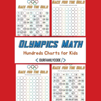 Olympic Hundreds Chart: Fill in the Olympic Rings FI Olympics Math Hundreds Charts for Kids A picture of four Olympics hundred charts on a red background.