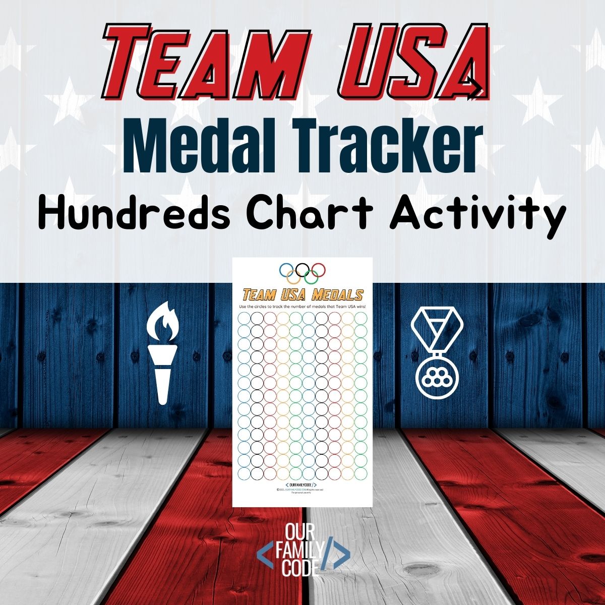 A picture of a Team USA medal tracking hundreds chart activity on a red, white, and blue background.