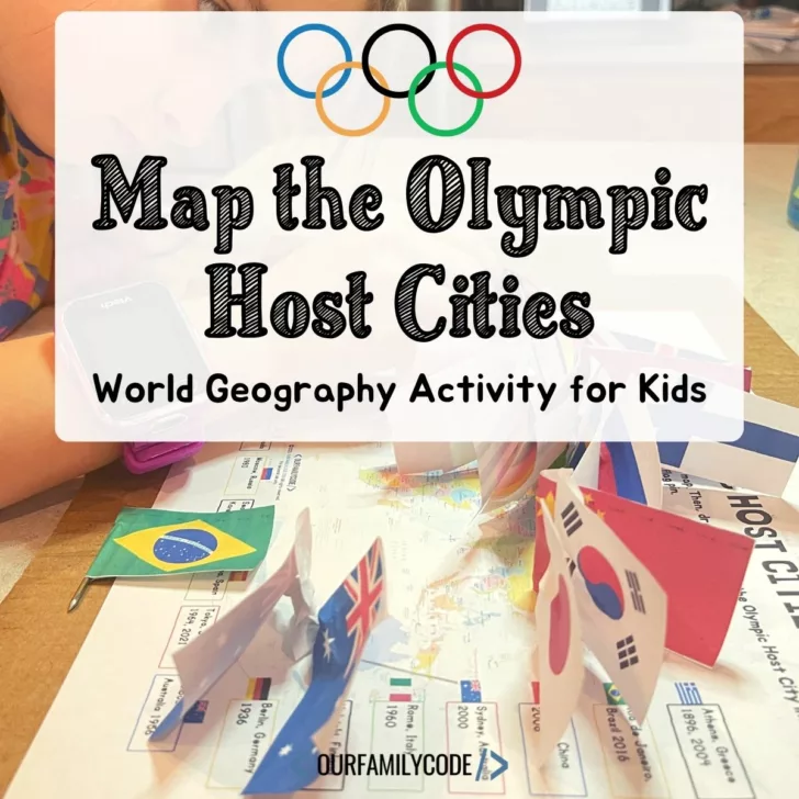 A picture of a child marking Summer Olympic Games host cities on a paper map with printed national flags for countries.