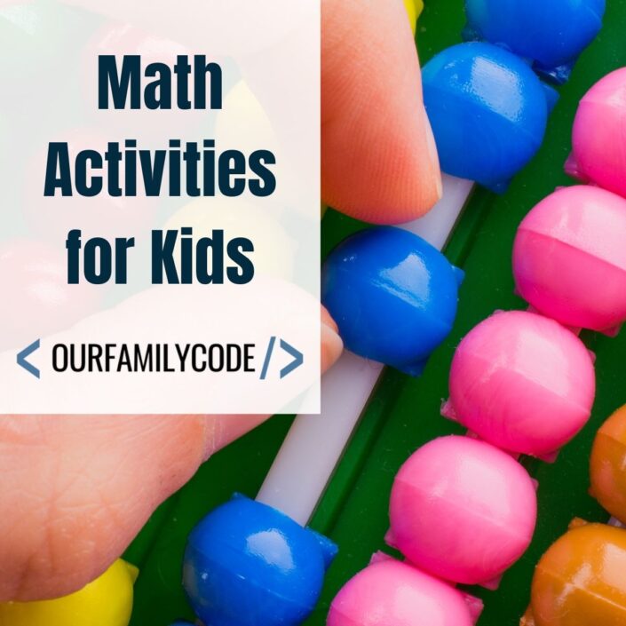 A picture of a finger moving beads on an abacus with math activities for kids in text.