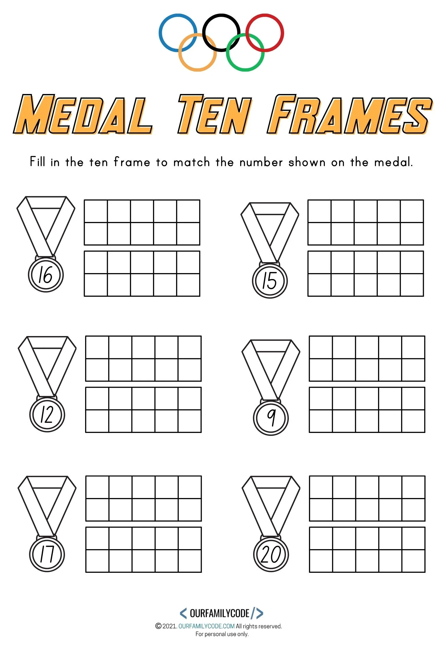 A picture of a Medal Ten Frames Worksheet Olympics Preschool Math Activity.