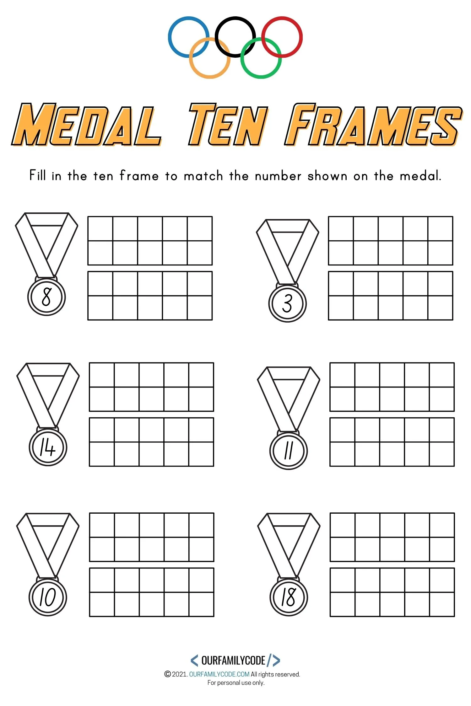 A picture of a Medal Ten Frames Worksheet Olympics Preschool Math Activity.