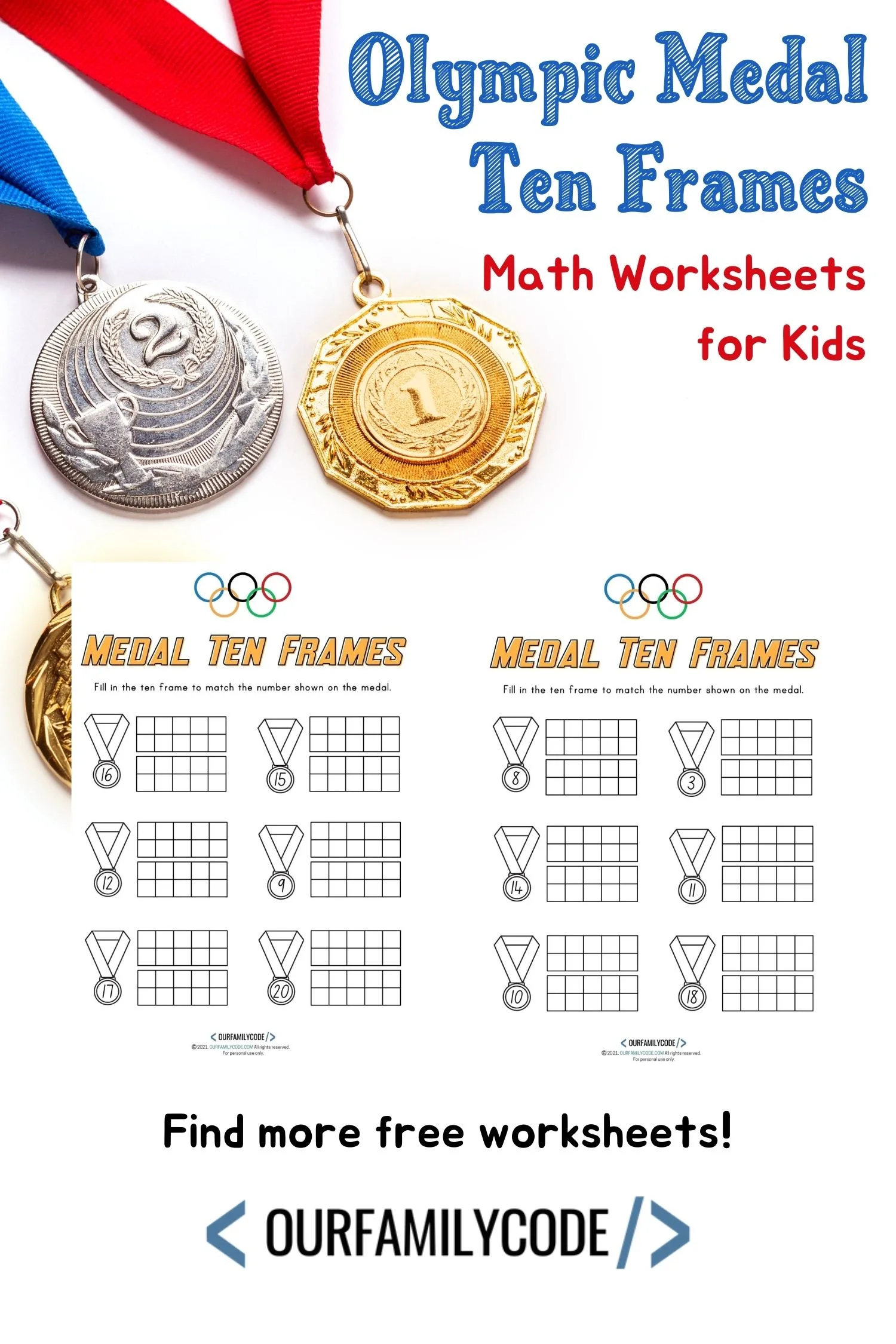 A picture of two Olympic Medal ten frames math worksheets on a white background with bronze gold and silver medals.