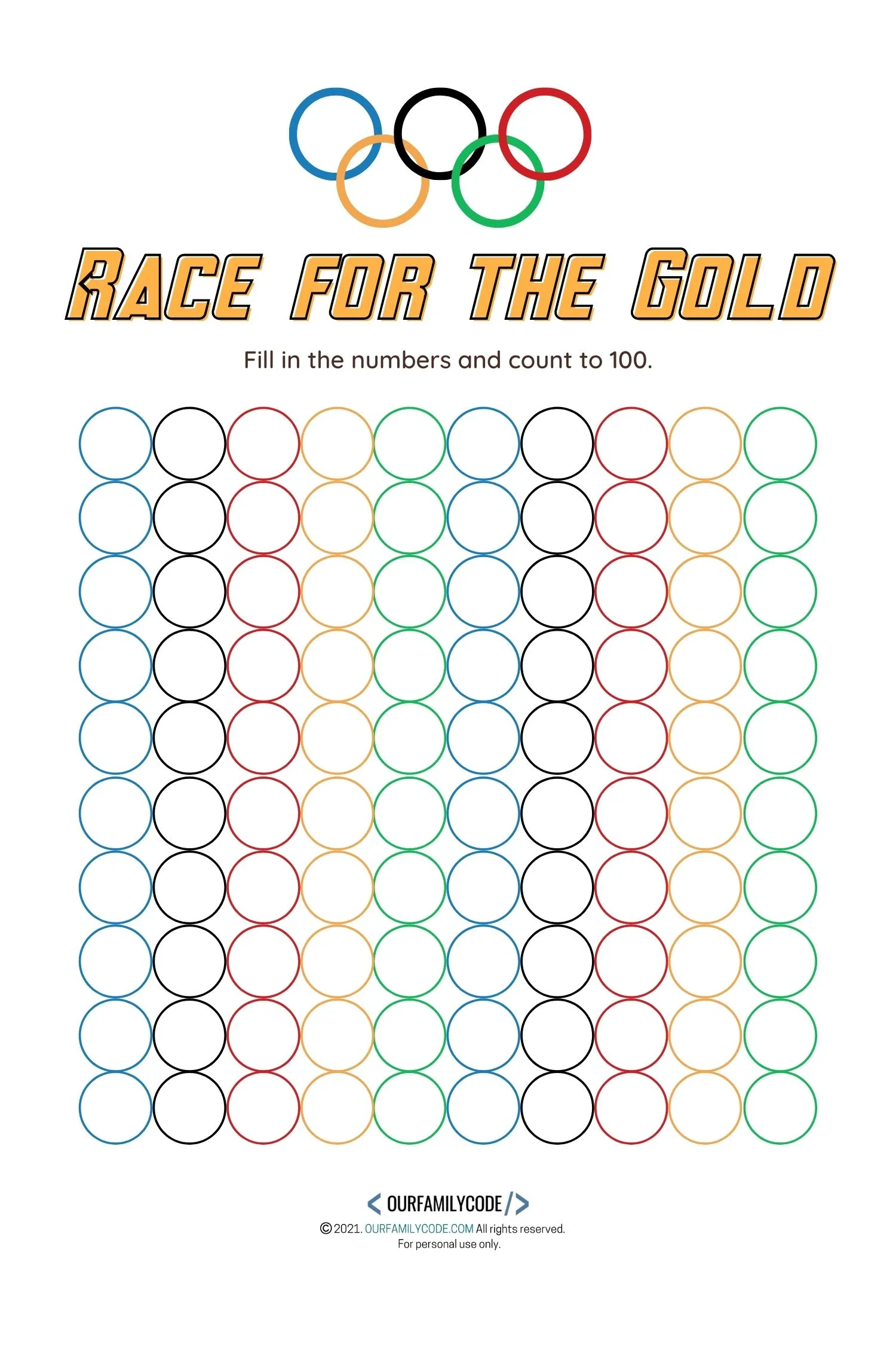A picture of a blank Olympic hundreds chart with rings to 100 for kids to fill-in to work on math skills.