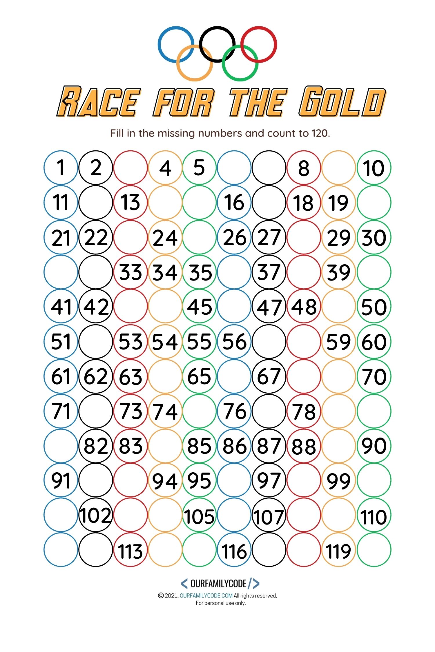 A picture of an Olympic hundreds chart is a 10-by-12 grid with the numbers printed in the rings worksheet for kids.