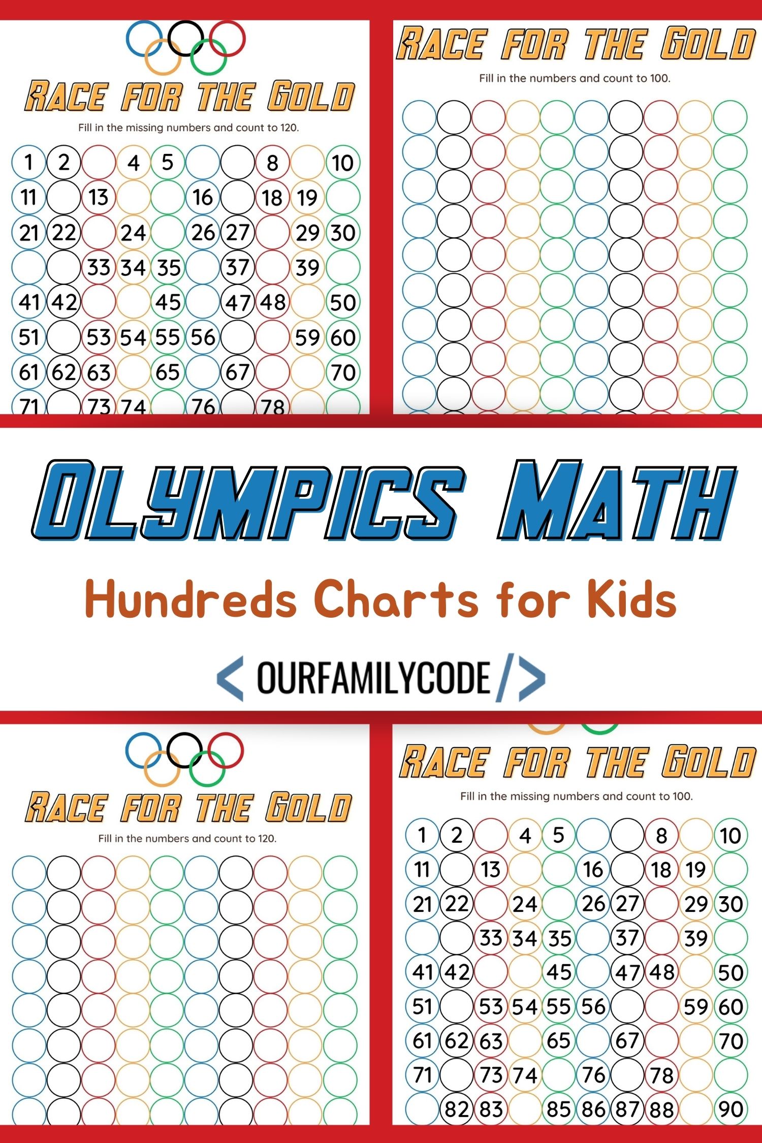A picture of four Olympics hundreds chart worksheets on a red backgroud.