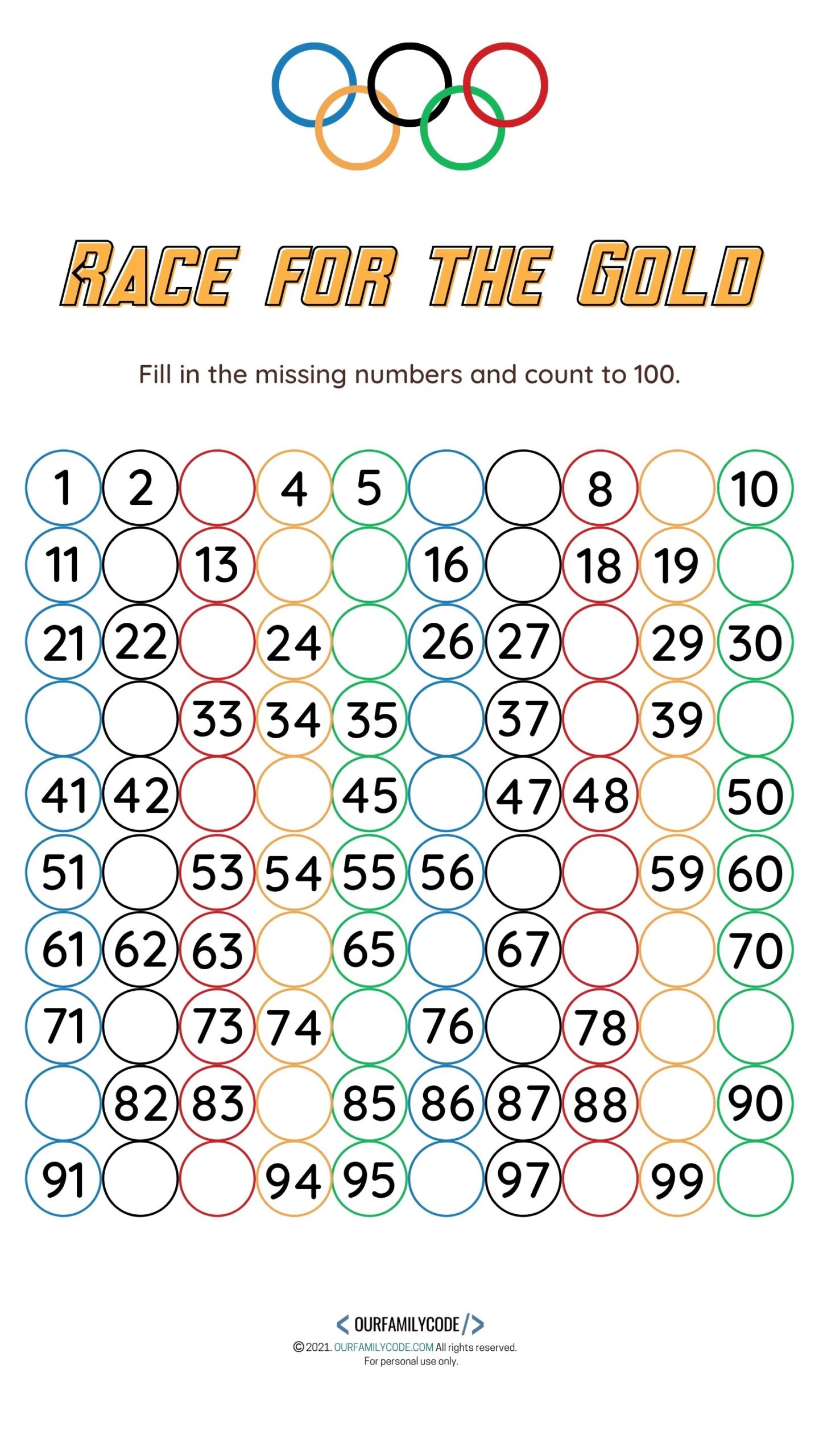 A picture of an Olympic Hundreds Chart Fill in the Missing Rings Worksheet.