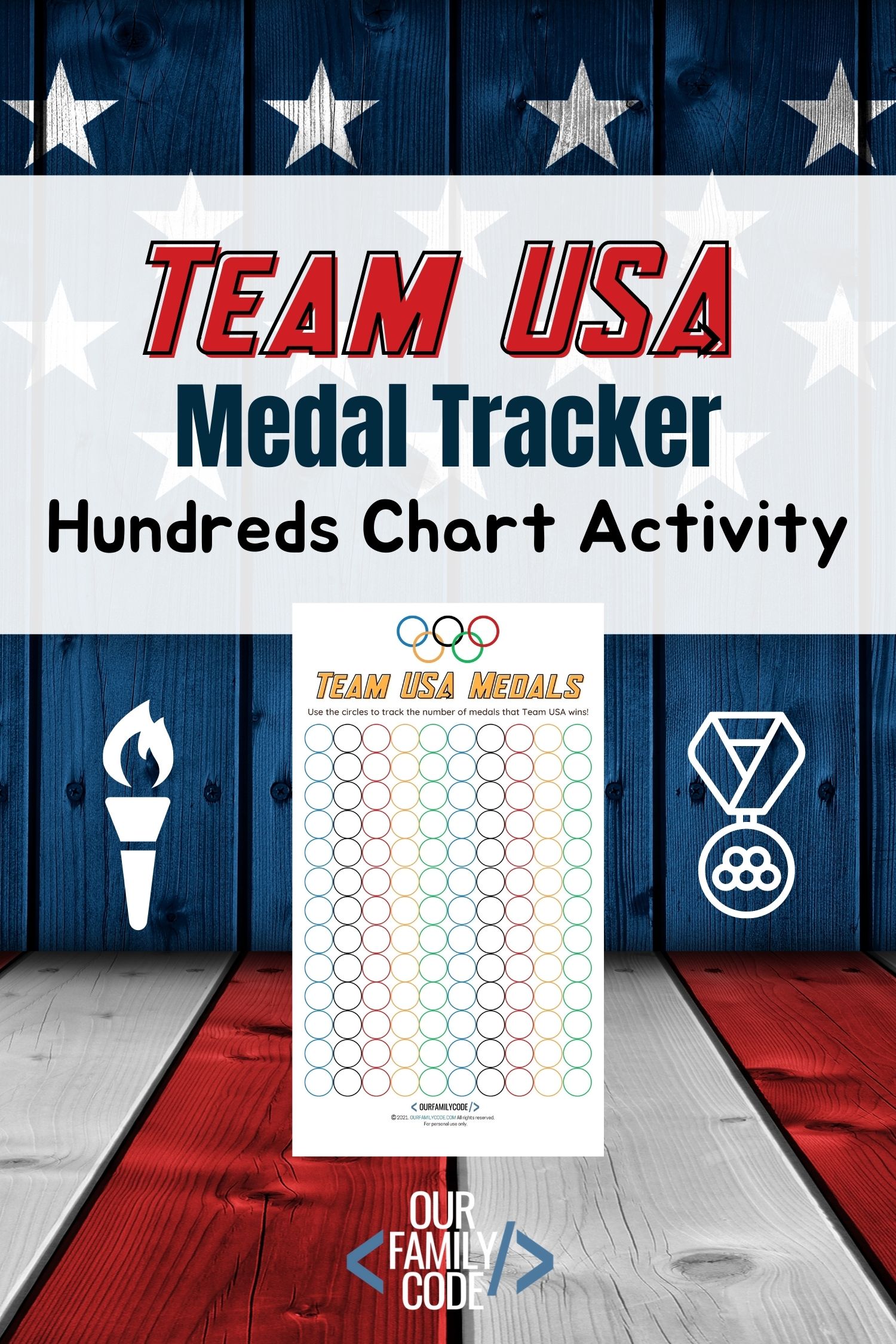 A picture of a Team USA medal tracker hundreds chart on a red white and blue background with stars and stripes.