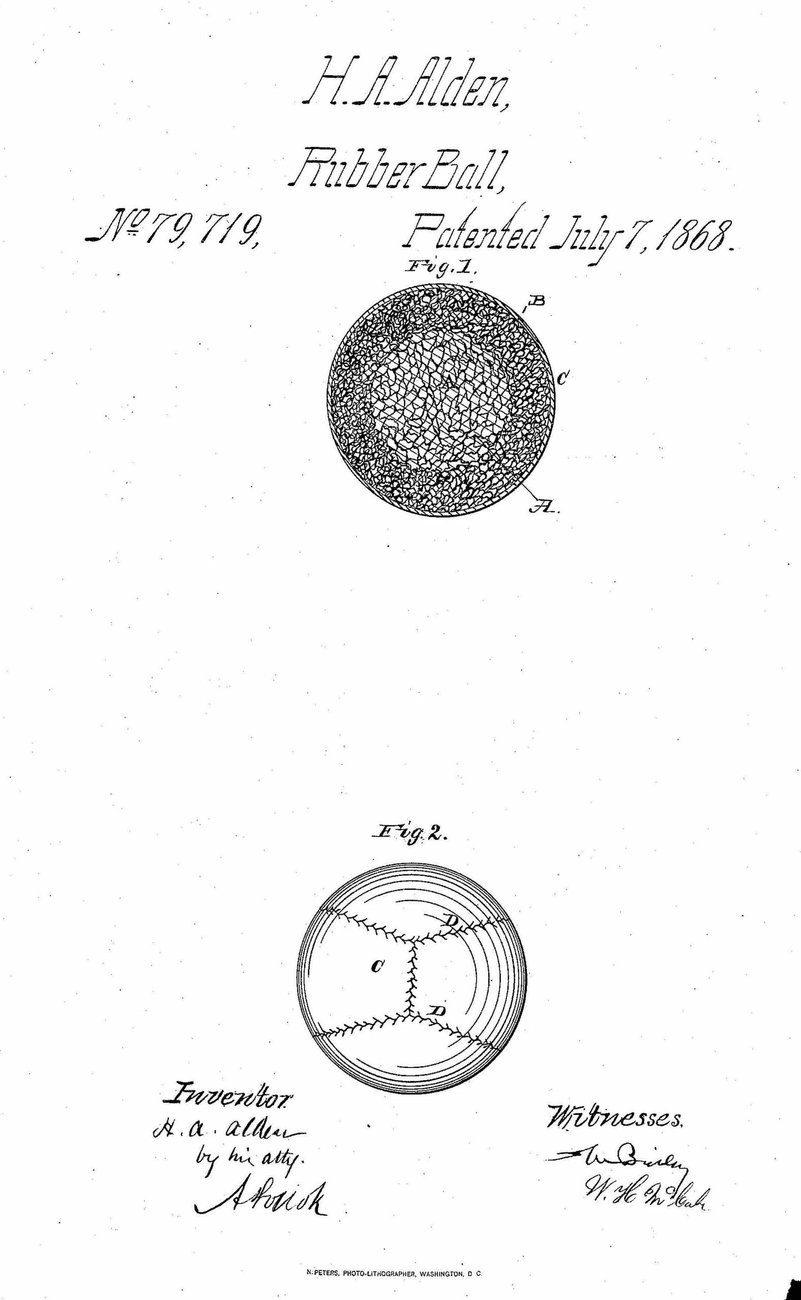 A picture of a baseball patent from 1868 for a rubber ball filed by H.A. Alden.