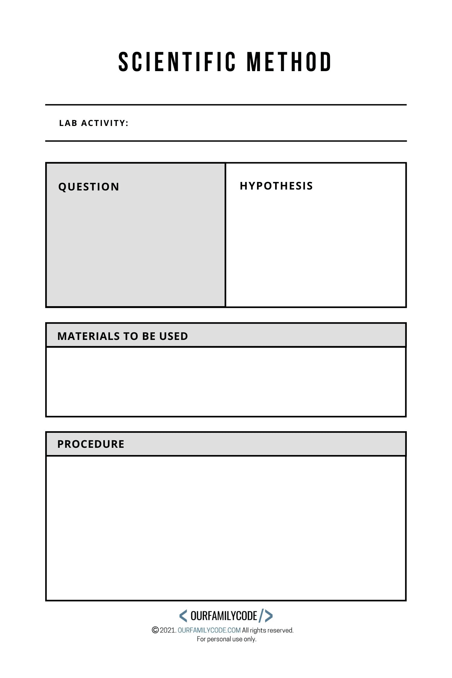 A picture of a blank scientific method worksheet for kids science fair experiment.