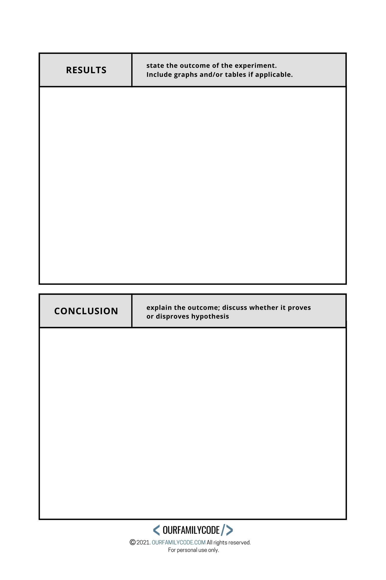 A picture of a blank scientific method worksheet for kids science fair experiments.