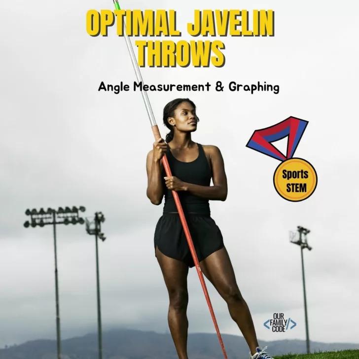 A picture of a javelin athlete standing with a javelin with text in yellow that says 