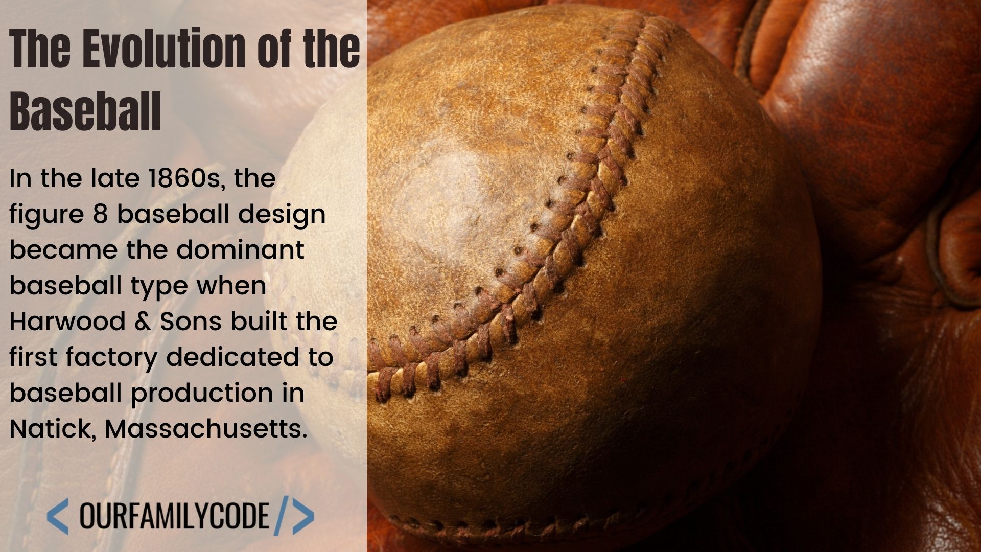 A picture of a vintage baseball with historical fact about figure 8 design in text.