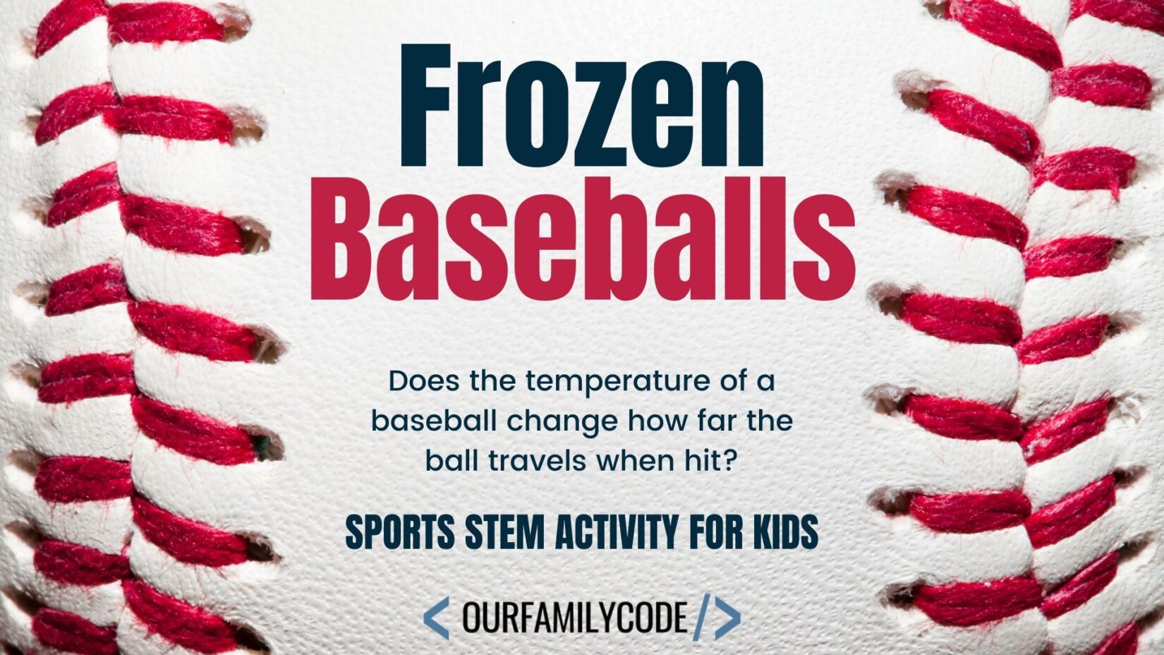 Frozen Baseball Experiment Sports STEM frozen baseballs sports stem activity fi A picture of a baseball in the background with "frozen baseballs does the temperature of a baseball change how far the ball travels when hit?" in text.